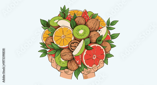 Two hands hold a vibrant assortment of fresh fruits and nuts, artfully arranged with green leaves