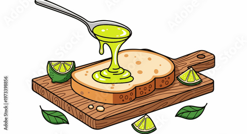 A slice of bread is topped with a generous drizzle of bright green liquid, served on a wooden board with lime wedges and leaves