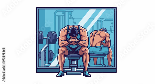 Muscular man sits in gym, head bowed, reflecting in mirror