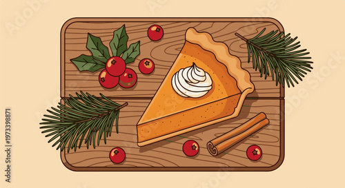 A slice of pumpkin pie with whipped cream, holly, cranberries, and cinnamon sticks