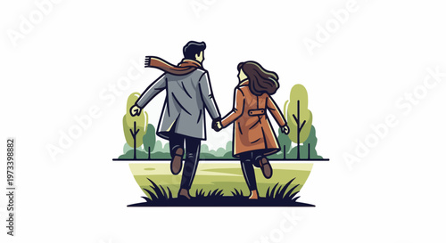 Couple holding hands running through park in autumn