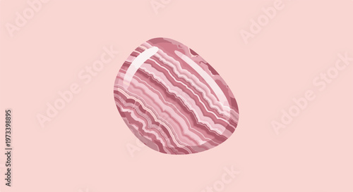 An oval-shaped mineral stone with banded pink and white layers, set against a pale pink background