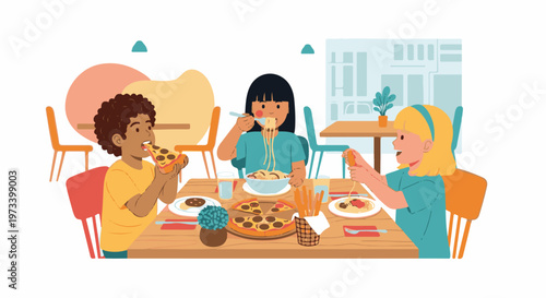 Three children enjoying a meal together, with pizza and pasta on a table