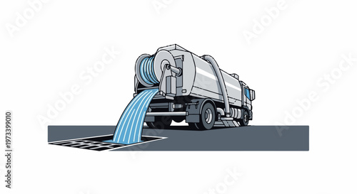 A truck empties a full tank of water into a manhole with a hose