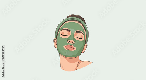 A woman with closed eyes wears a green face mask and a headband