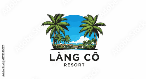 Tropical resort with palm trees, tranquil water, and modern buildings under a blue sky