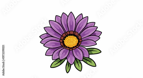A vibrant purple aster with a yellow and brown center, surrounded by green leaves