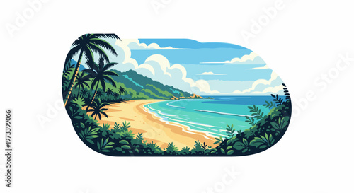 Idyllic pixel art scene of a tropical coastline with palm trees, sandy beach, and turquoise ocean under a cloudy sky