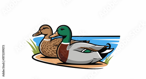 Two cartoon ducks, one female and one male, rest on a sandy bank beside a blue body of water