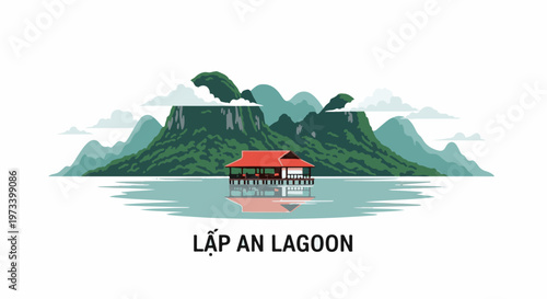 Pixel art scenic view of a stilted building on calm water with lush green mountains and clouds in background