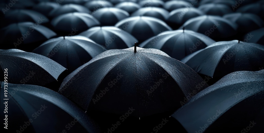Obraz premium Rows of wet dark umbrellas with glistening raindrops, a single umbrella subtly highlighted amid a uniform crowd, moody and resilient
