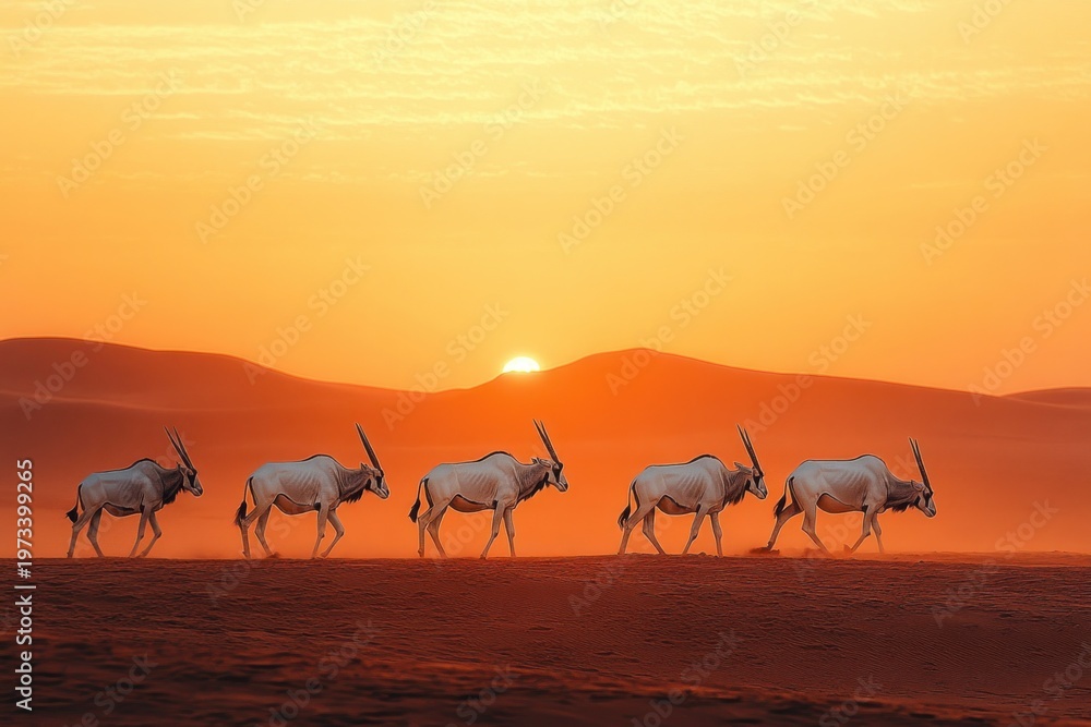 Fototapeta premium five oryx walking in single file across orange desert dunes at sunset, a serene and majestic procession under a glowing sky