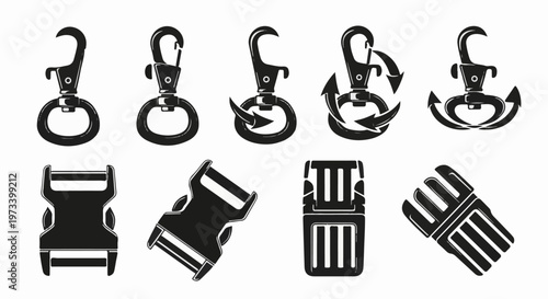 Set of diverse clip and buckle hardware icons, including swivel hooks and side-release clasps