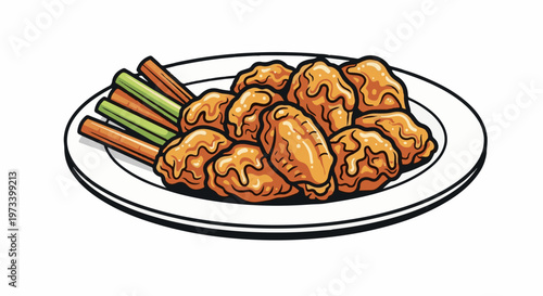 A plate of crispy, golden-brown chicken wings with dipping vegetables