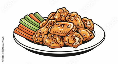 Delicious golden chicken wings served with crisp carrot and celery sticks on a white plate