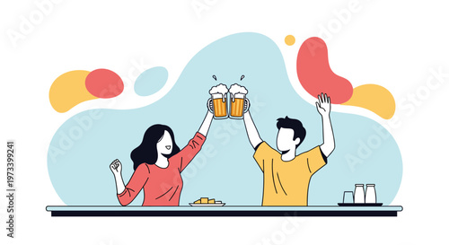 Happy young man and woman clinking glass mugs of beer during celebration or casual meeting at cafe bar counter.