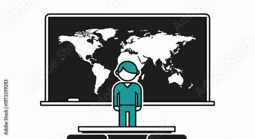 A stylized figure stands before a blackboard displaying a world map, symbolizing education or global awareness