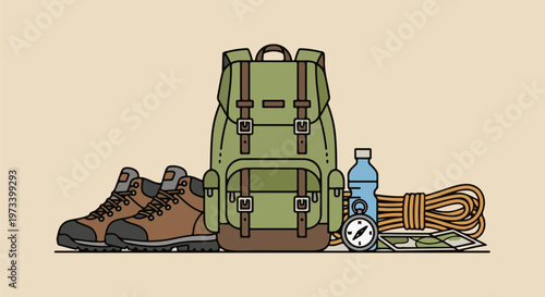 Outdoor adventure gear backpack, boots, water, rope, compass, and map