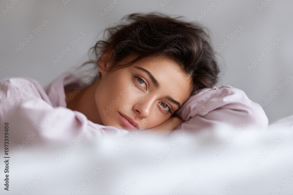 Obraz premium young woman lying on bed feeling worried and overthinking about relationship problems, emotional mental health concept at home