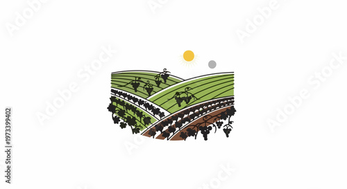 Rolling hills covered in lush vineyards under a bright sun and moon