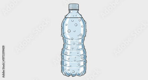 Clear plastic bottle filled with water and condensation, on a light grey background