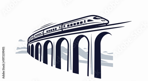 A sleek train glides across a grand arched viaduct, framed by a minimalistic landscape