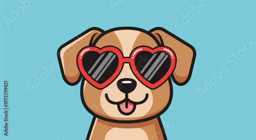 A cartoon dog with heart-shaped sunglasses and tongue out, against a blue background