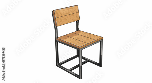 A minimalist wooden and metal chair with a light wood seat and back on a dark metal frame
