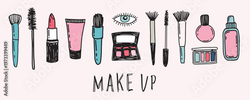 Beauty cosmetics and make up doodle icons. Hand drawn vector fashion sketch.	
