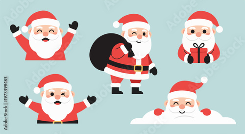 Cheerful cartoon Santas in various poses, some with gifts and a sack
