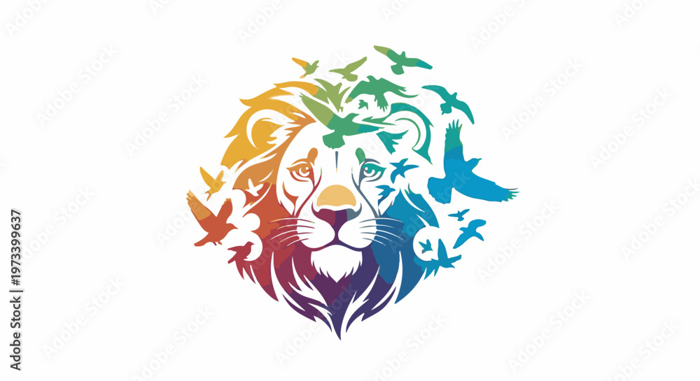 Fototapeta premium Majestic lion with rainbow-colored mane composed of flying birds