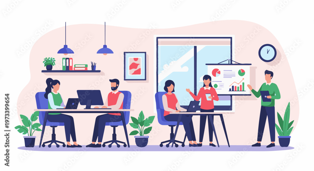 Obraz premium Colleagues collaborate on projects and present data in a modern office setting