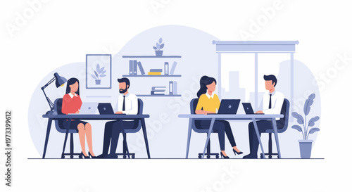 People working in modern office on laptops, with plants and shelves