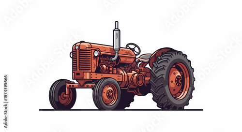 Pixel art tractor, side profile, rusty orange, large rear wheels