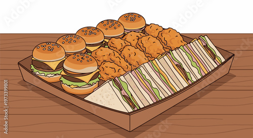 A platter of assorted finger foods including mini burgers, fried chicken pieces, and sandwiches