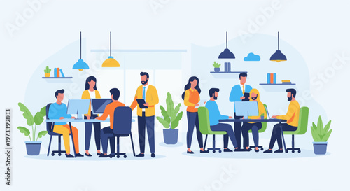 Diverse group of professionals collaborating in a modern, bright office environment