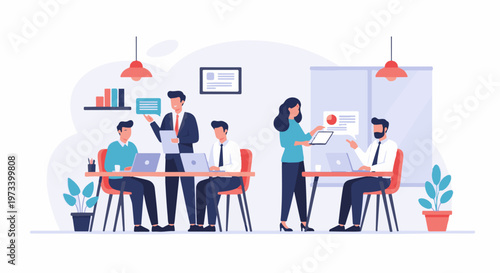 Business professionals collaborate in a modern office setting, discussing data and projects