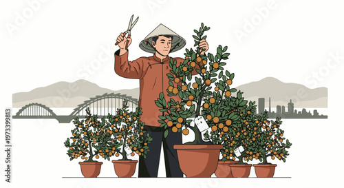 Gardener pruning miniature citrus trees with bridge and city skyline in background