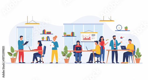 People collaborating and working in a modern office environment with plants