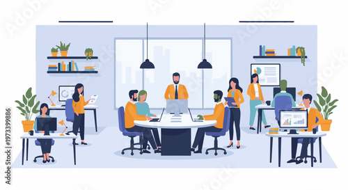 A diverse group of professionals collaborate in a modern office environment, working at desks and around a conference table