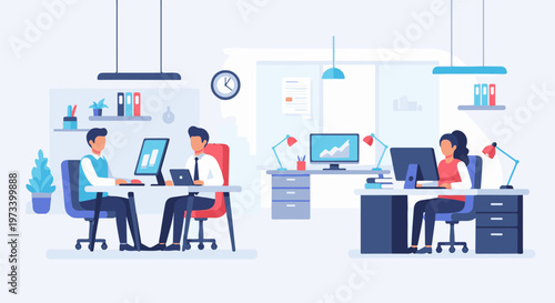 A clean, modern office with three people working at computers, focusing on productivity and collaboration