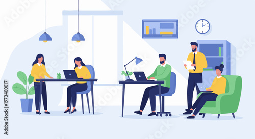 Modern office with people working on laptops and collaborating in a bright, open space