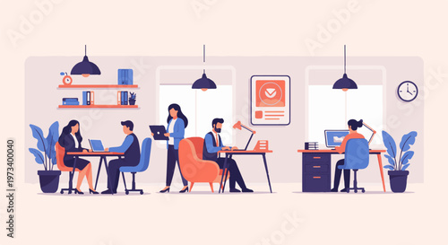 Diverse professionals collaborate and work at desks in a modern, minimalist office space