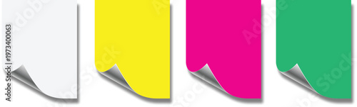 Set of colorful blank paper sheets with curled corners and shadows for page mockup. vector illustration.