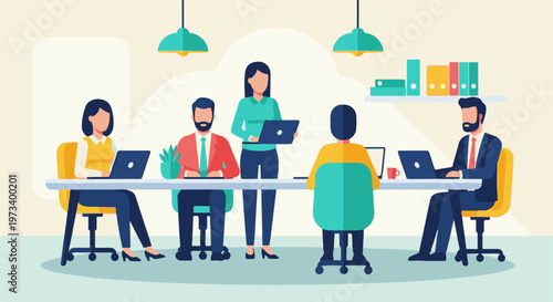 Diverse colleagues collaborate on a project around a modern conference table