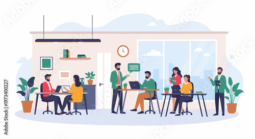 Diverse team collaborates in a bright, modern office, focused on shared goals and projects