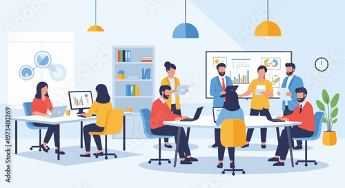 Diverse team collaborating in a modern office, presenting data and ideas visually