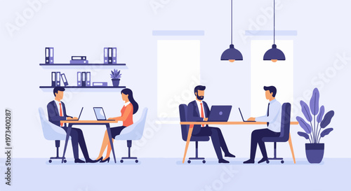 Diverse individuals collaborate and work productively in a modern office setting with a plant