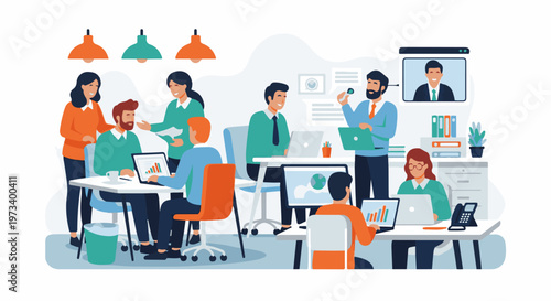 People collaborating in a modern office setting with laptops and video conferencing