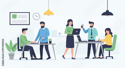 Flat illustration of people working in an office on computers and phones